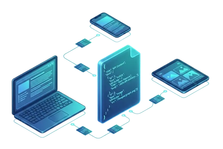 JSON:API content delivery: a glowing JSON document with curly-brace code delivering data to a laptop, phone and tablet, blue and teal