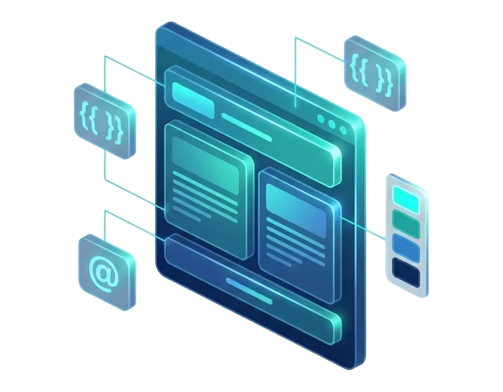 Blade templates and themes: a 3D webpage assembled from layout blocks with double-curly-brace template tags and theme color swatches, blue and teal