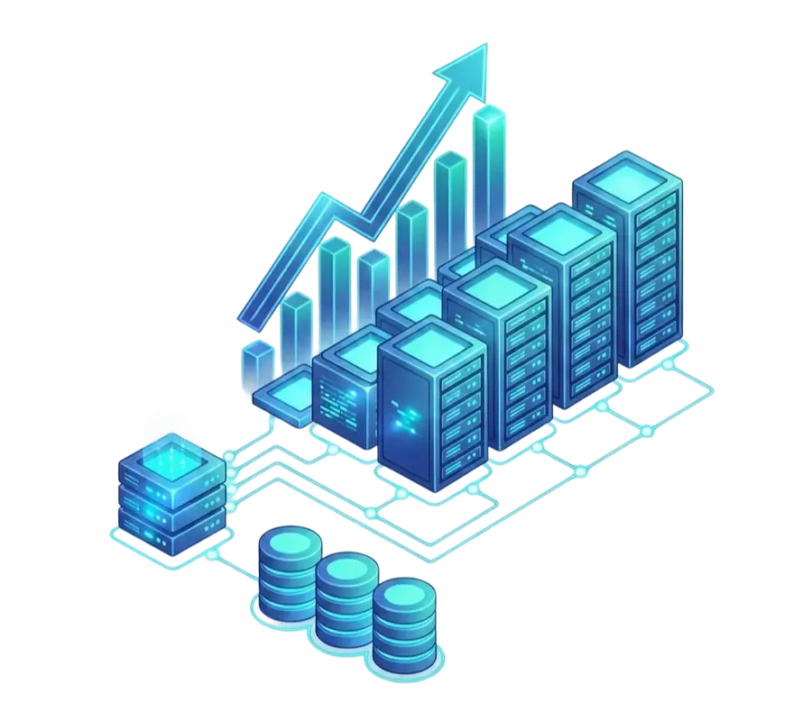 Scaling up: a single server rack multiplying into a rising cluster of servers with database cylinders and an upward growth arrow, blue and teal