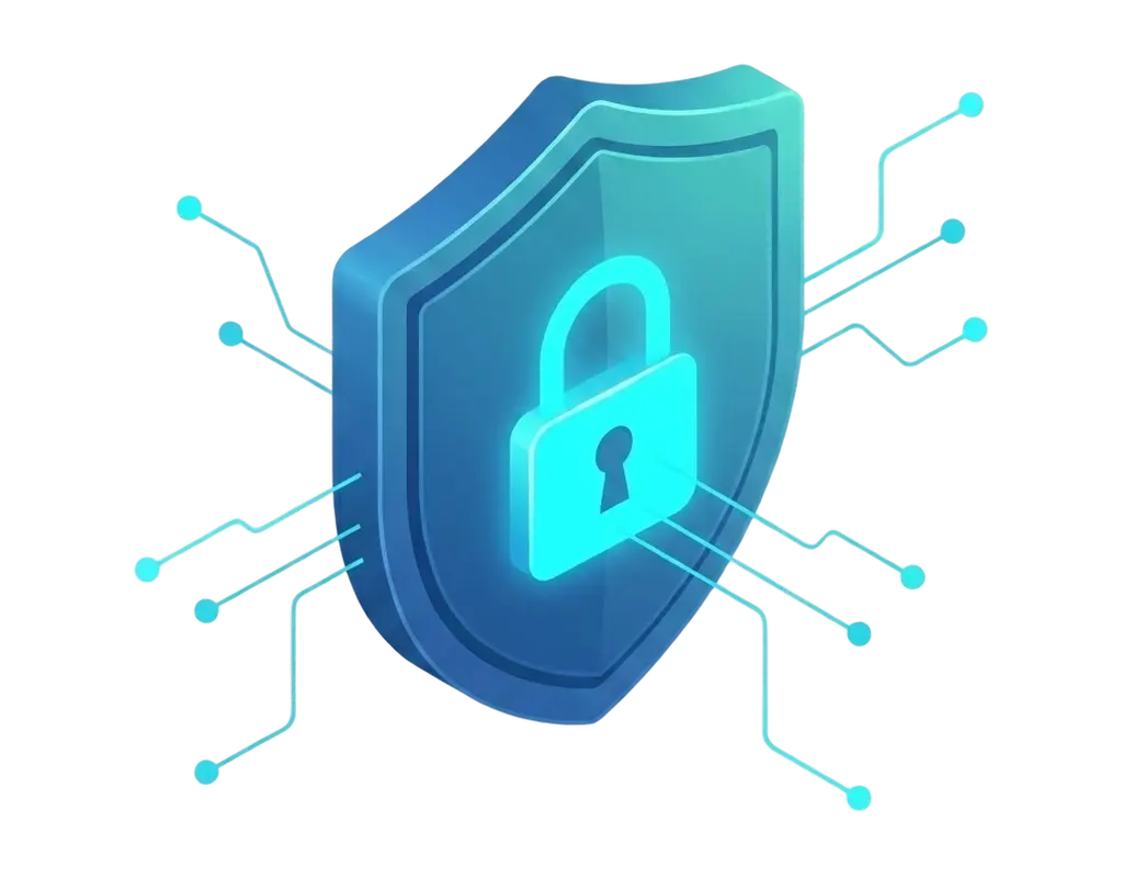 A glowing 3D security shield with a padlock emblem, connected by cyan lines to a protected system, blue and teal