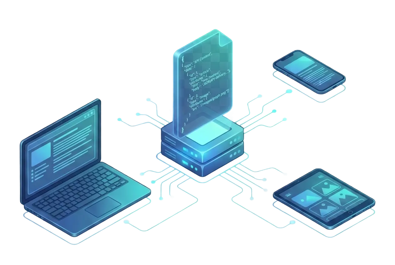 Isometric 3D illustration of a central glowing content hub delivering structured content over thin cyan connections to a laptop, smartphone and tablet, in a blue and teal palette on a transparent background