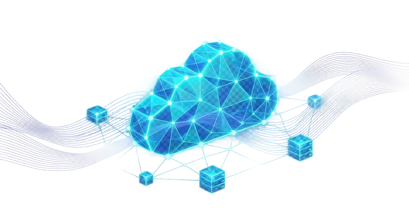 Low-poly 3D crystalline cloud wired to distributed server nodes by a glowing cyan network, with lavender accent lines