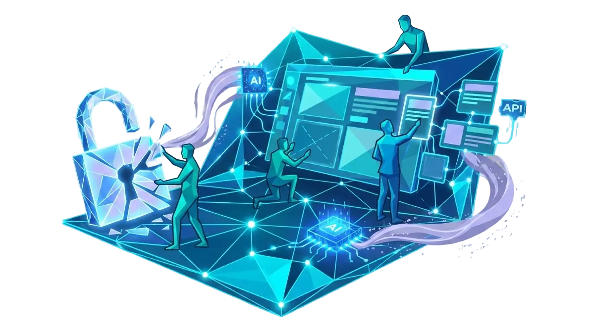 A transparent low-poly AI hero illustration showing small business teams moving from costly SaaS content silos to an open AI-powered CMS workspace.