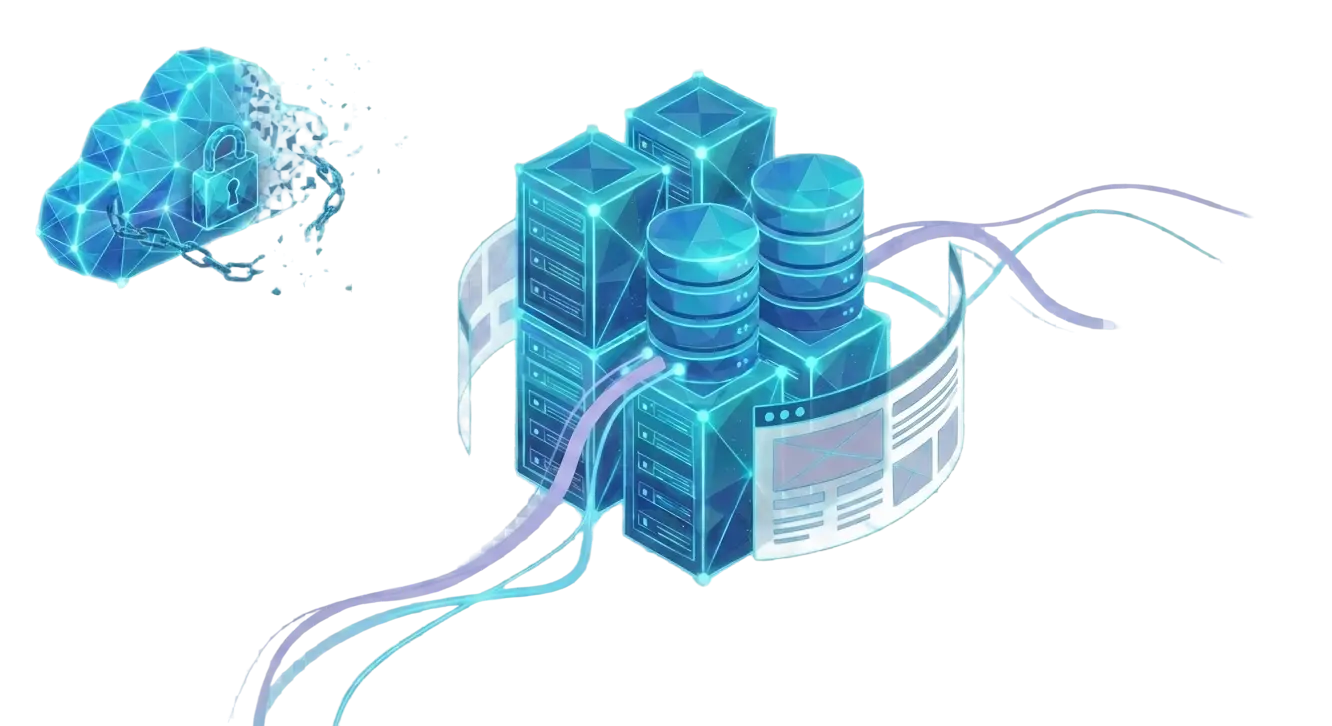 A transparent low-poly AI hero illustration showing a self-hosted PHP and Laravel CMS stack replacing a locked SaaS content platform with owned database, APIs, and private infrastructure.
