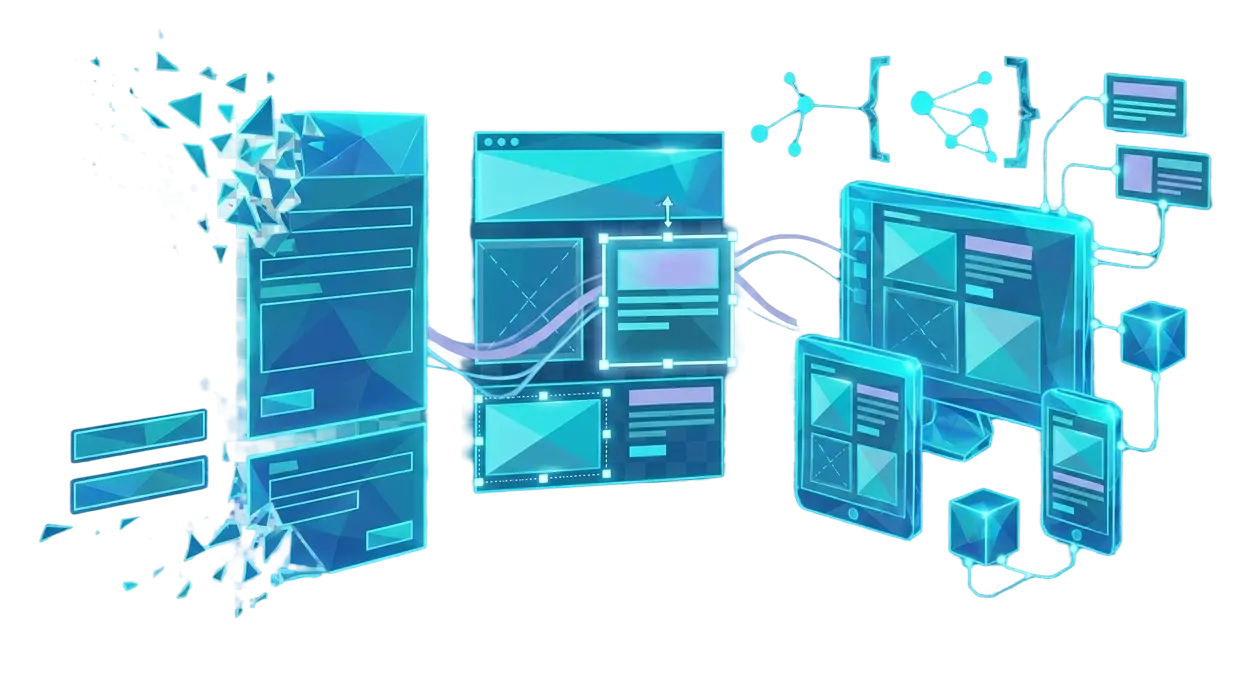 Transparent low-poly AI hero illustration showing form-based content editing transforming into a live visual page builder with responsive previews and structured API output.