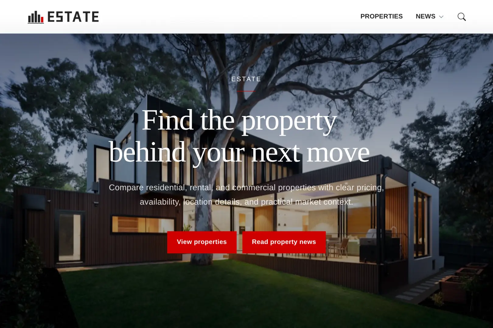 Preview of the Pagible Estate Theme showing an image-led real estate website and property presentation.