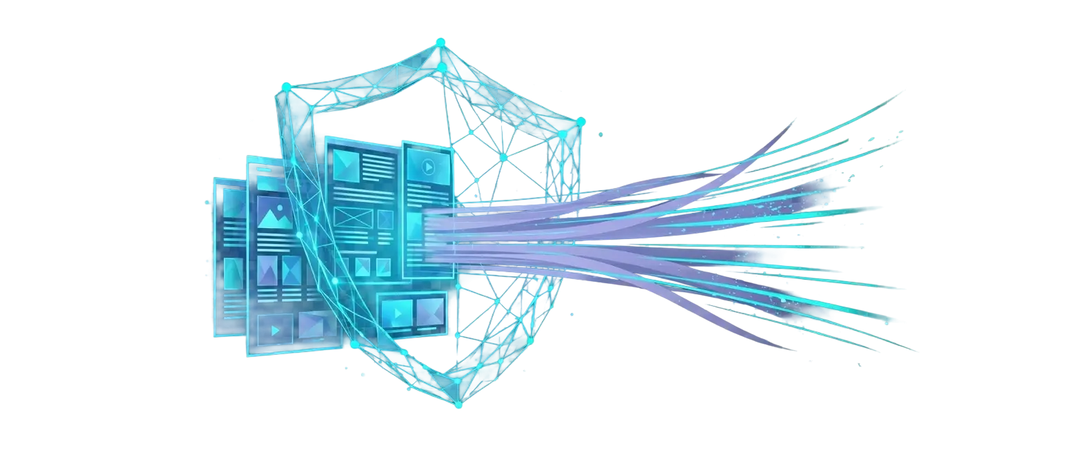 Faceted blue shield protecting structured content while luminous data streams pass through it