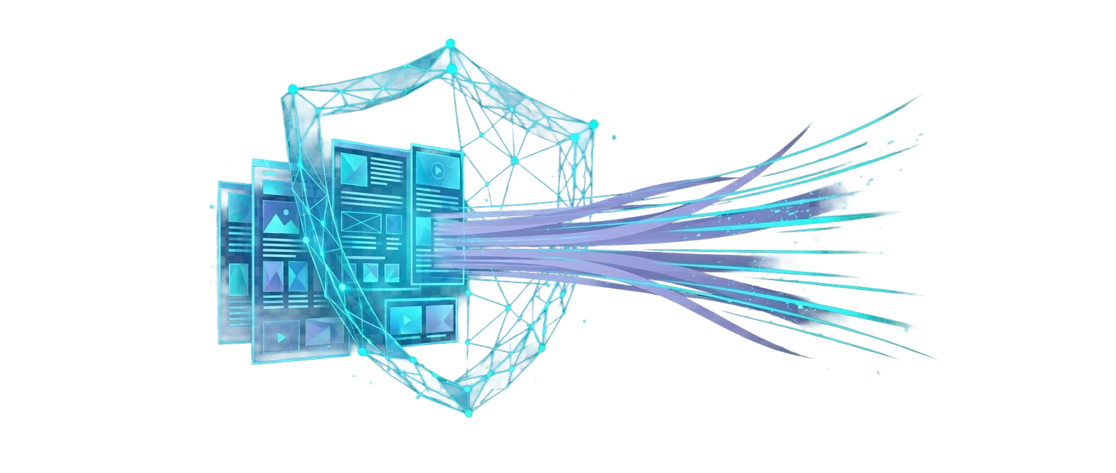 Faceted blue shield protecting structured content while luminous data streams pass through it