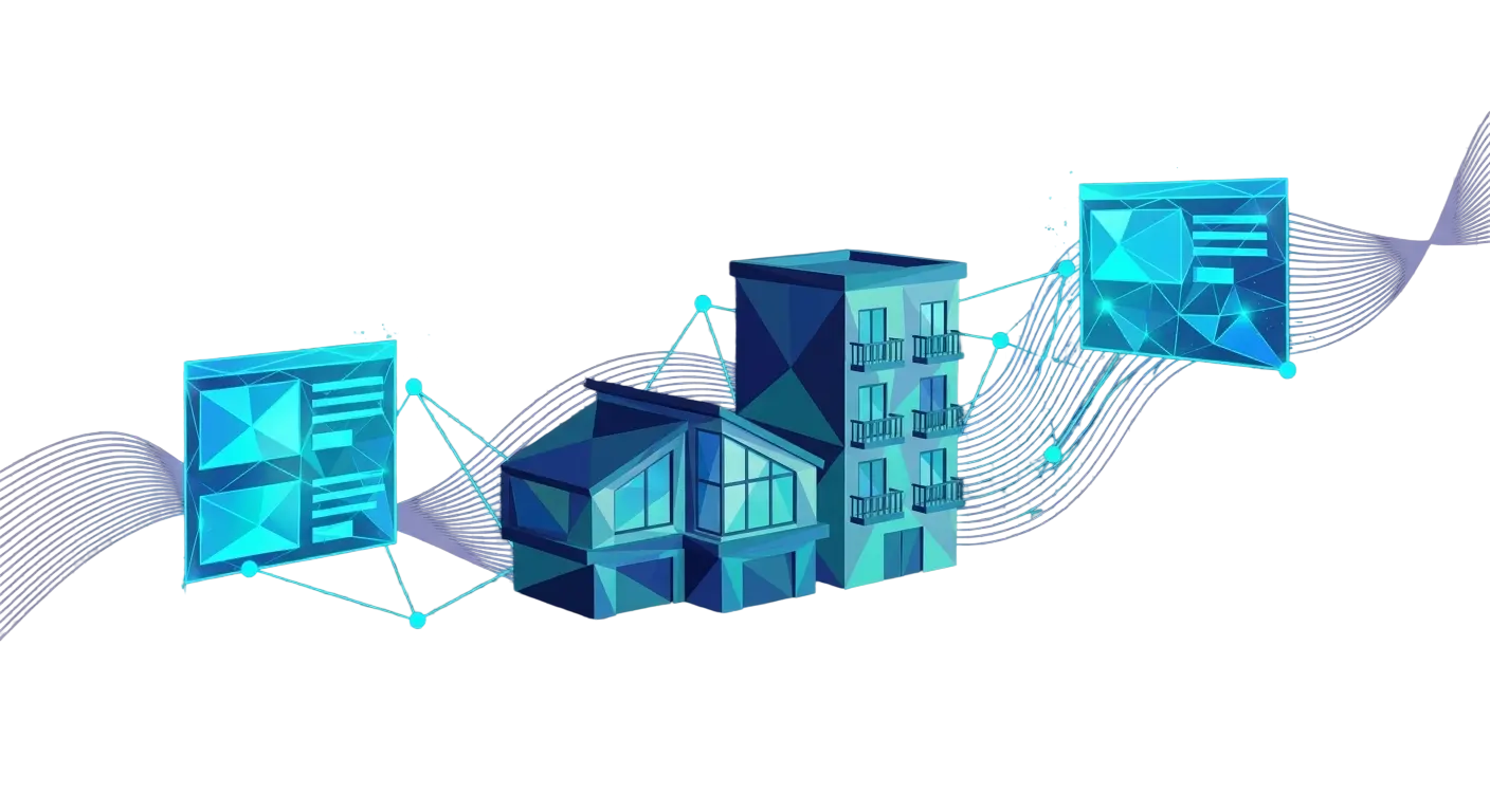 Futuristic low-poly homes and property cards connected by a glowing cyan network, representing a digital real estate search and enquiry journey.